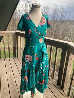 Eliza J Floral Flutter Midi Faux Wrap Dress Women’s Sz 6 Green Brunch Wedding